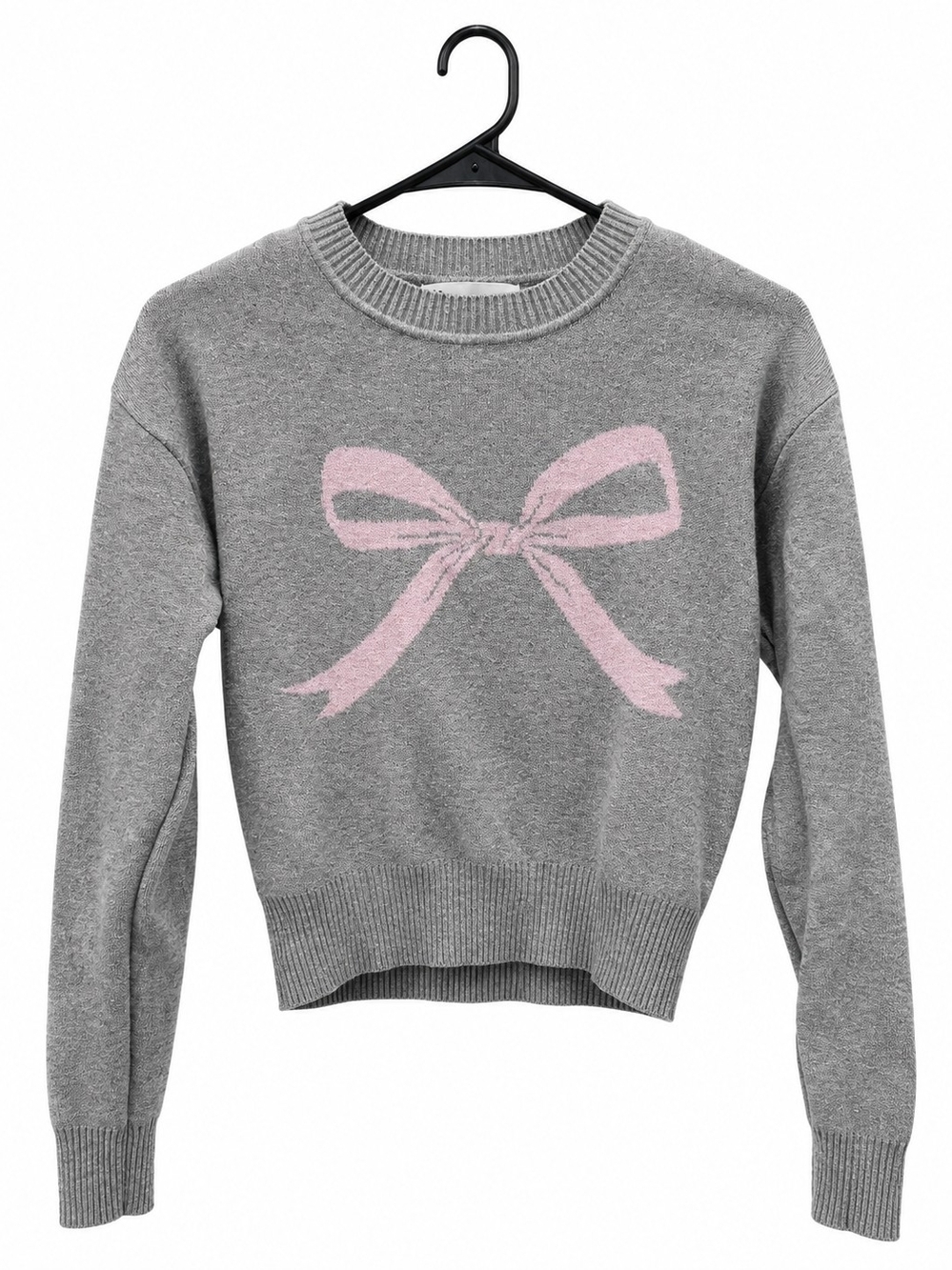 No Boundaries Gray Crewneck Sweater with Pink Bow